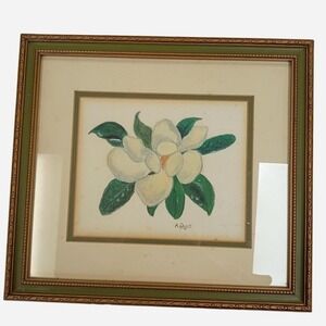 Vintage 1970s Signed White Magnolia Flower Watercolor Painting In A Gold Frame.